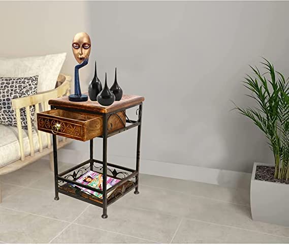 Unique Arts Shoppee Wooden & Wrought Iron End Table/Wooden Coffee Table/Wooden End Table/Corner Table with Drawer (Brown)